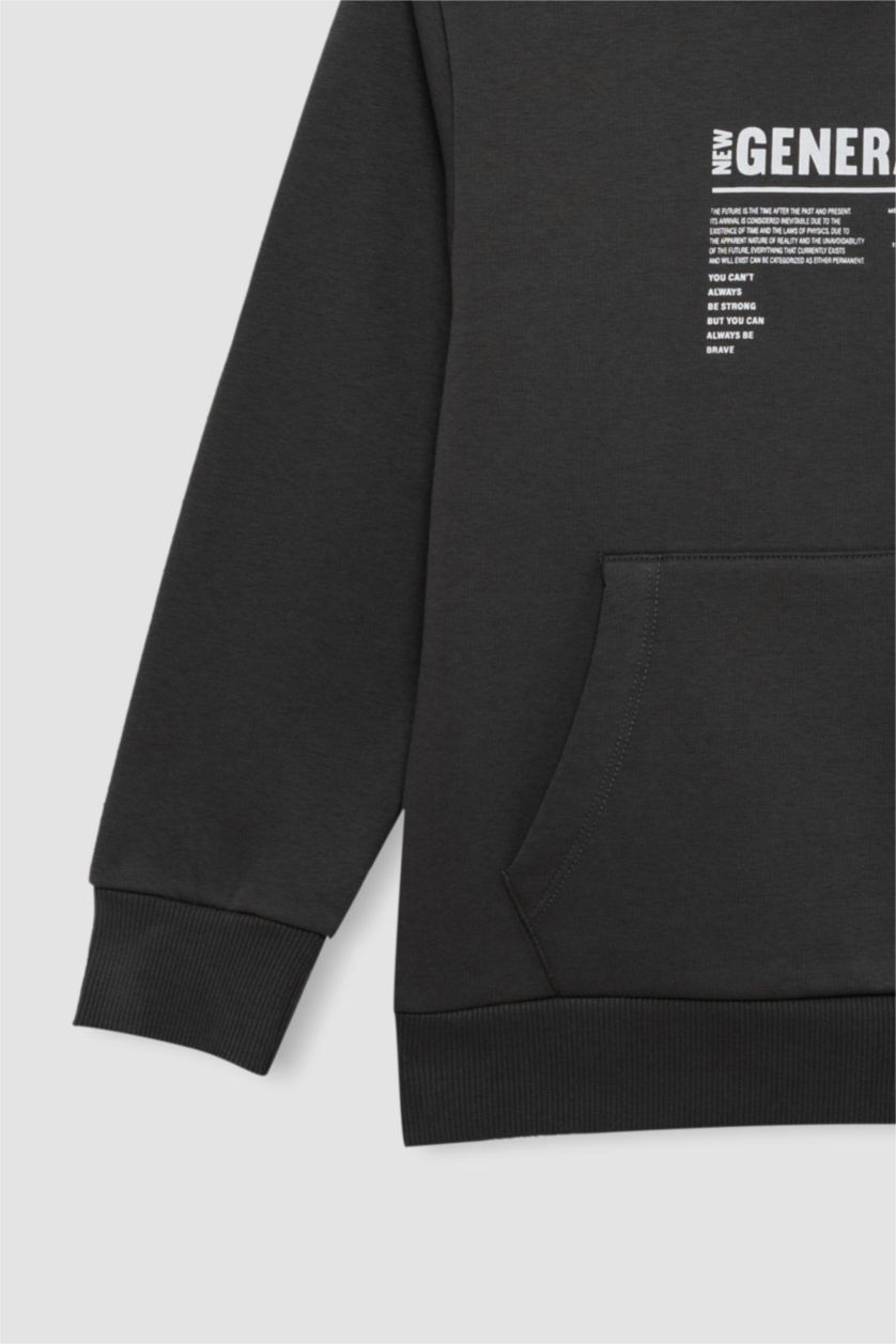 Erkek Çocuk - Genç Erkek Antrasit Erkek Çocuk Cepli Yazı Baskılı Kapüşonlu Okul Sweatshirt