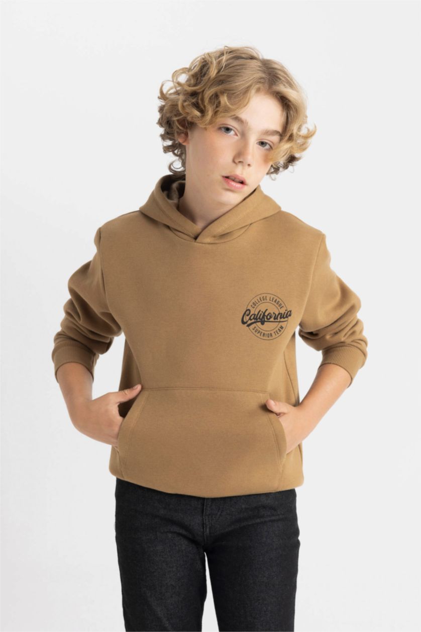 Boys & Teens Brown Boy Printed Hooded Thick School Sweatshirt