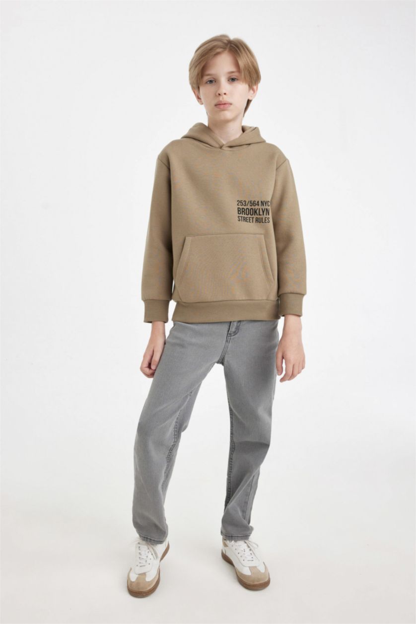 Erkek Çocuk - Genç Erkek Meşe Yeşili Cepli Yazı Baskılı Kapüşonlu Okul Sweatshirt Erkek Çocuk