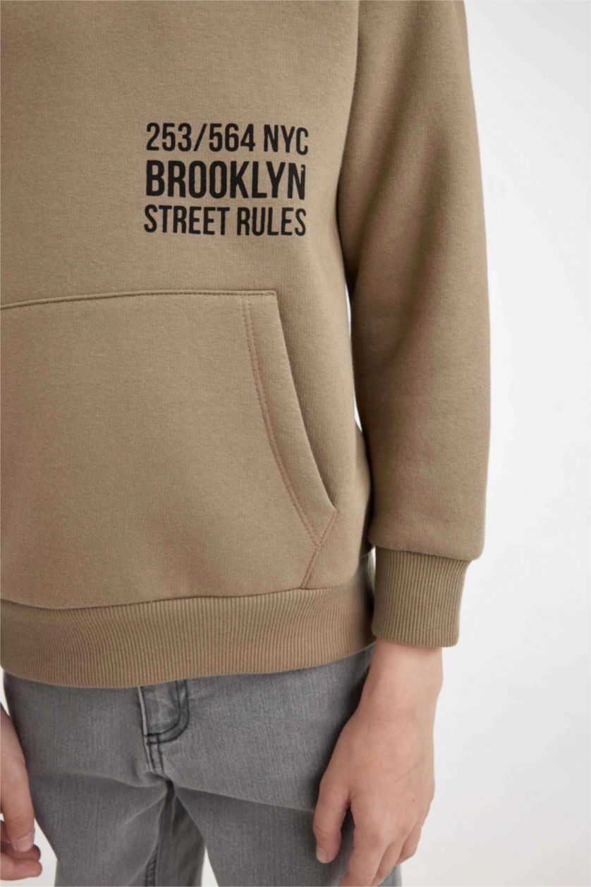 Erkek Çocuk - Genç Erkek Meşe Yeşili Cepli Yazı Baskılı Kapüşonlu Okul Sweatshirt Erkek Çocuk