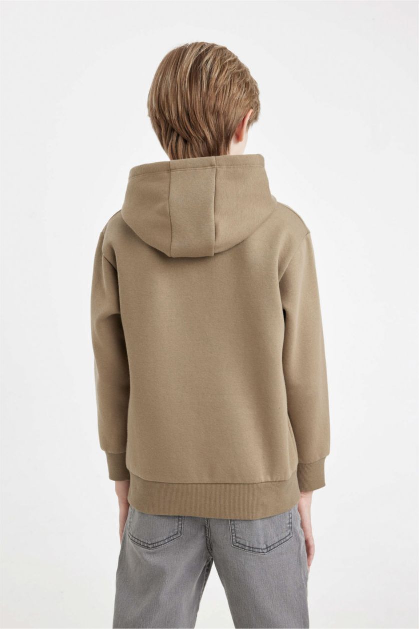 Erkek Çocuk - Genç Erkek Meşe Yeşili Cepli Yazı Baskılı Kapüşonlu Okul Sweatshirt Erkek Çocuk