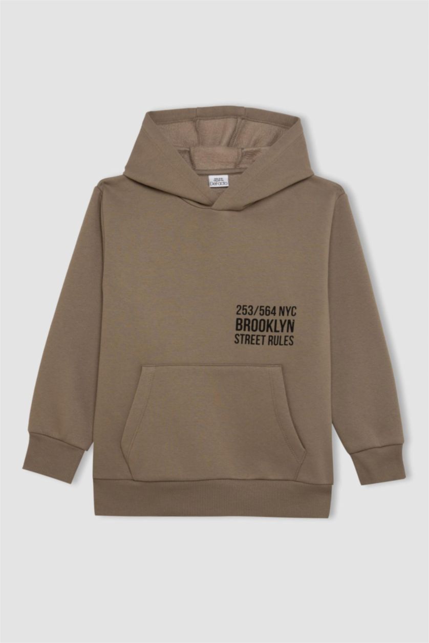 Erkek Çocuk - Genç Erkek Meşe Yeşili Cepli Yazı Baskılı Kapüşonlu Okul Sweatshirt Erkek Çocuk