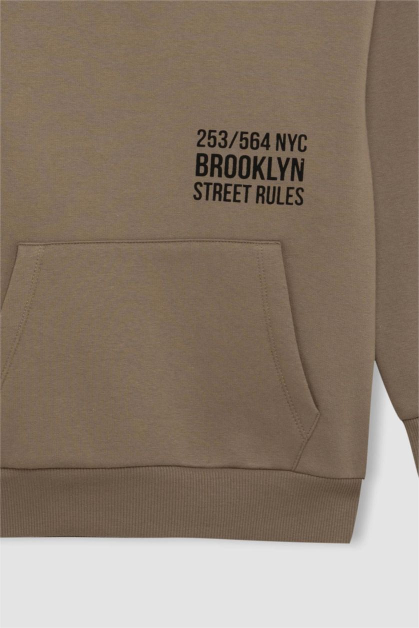 Erkek Çocuk - Genç Erkek Meşe Yeşili Cepli Yazı Baskılı Kapüşonlu Okul Sweatshirt Erkek Çocuk