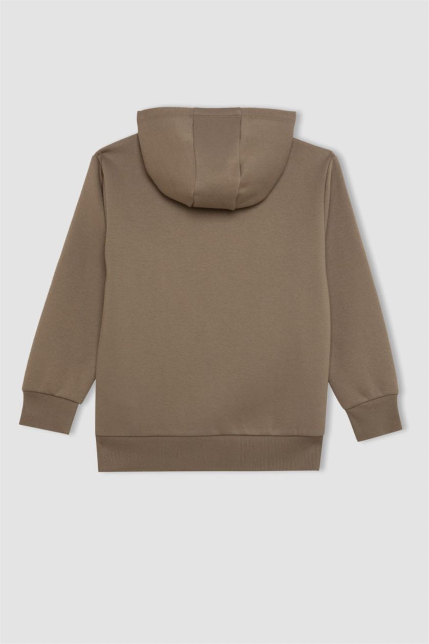 Erkek Çocuk - Genç Erkek Meşe Yeşili Cepli Yazı Baskılı Kapüşonlu Okul Sweatshirt Erkek Çocuk