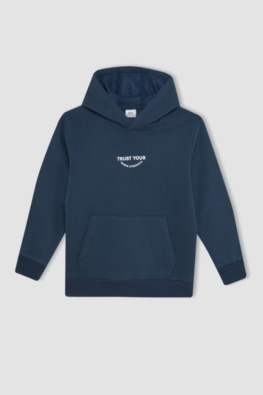 Erkek Çocuk - Genç Erkek Lacivert Erkek Çocuk Cepli Yazı Baskılı Kapüşonlu Okul Sweatshirt