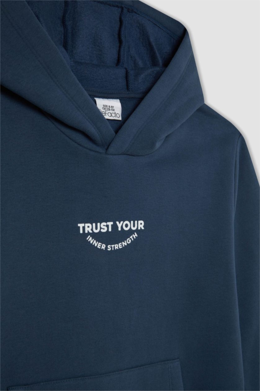 Erkek Çocuk - Genç Erkek Lacivert Erkek Çocuk Cepli Yazı Baskılı Kapüşonlu Okul Sweatshirt