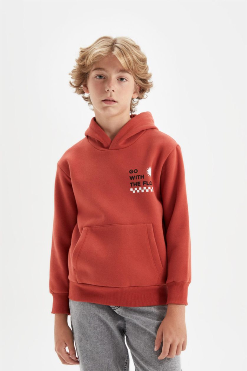 Boys & Teens Dark Orange Boy Printed Hooded Thick School Sweatshirt