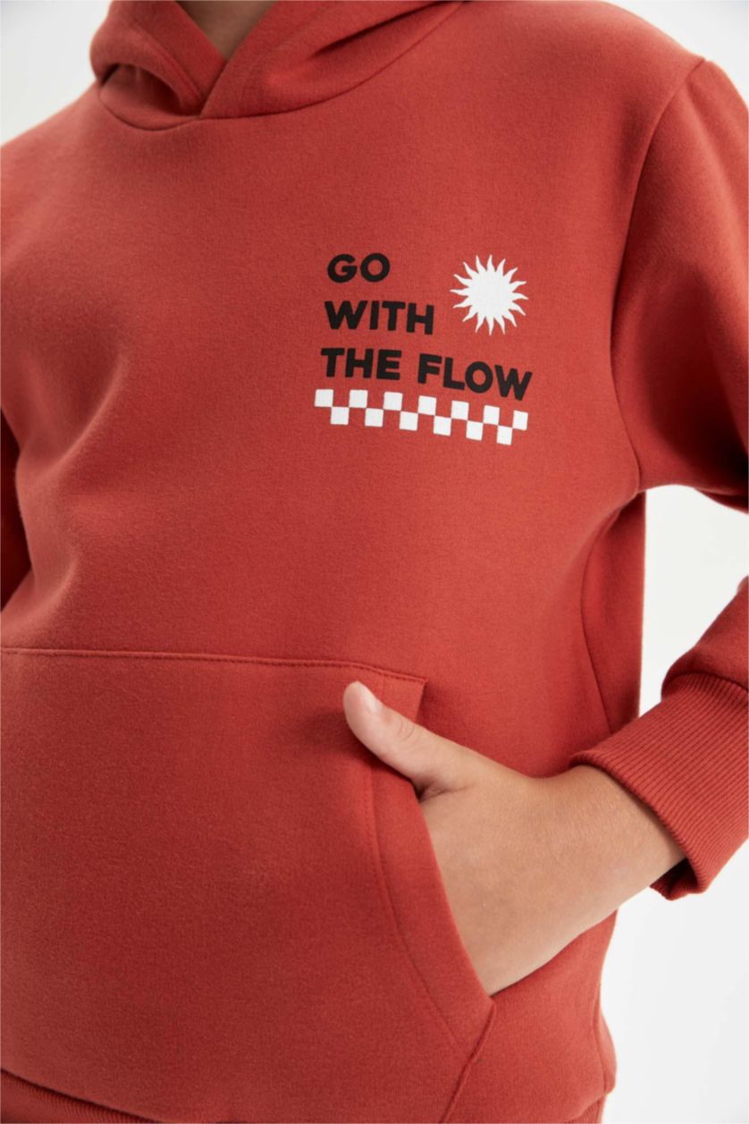 Boys & Teens Dark Orange Boy Printed Hooded Thick School Sweatshirt