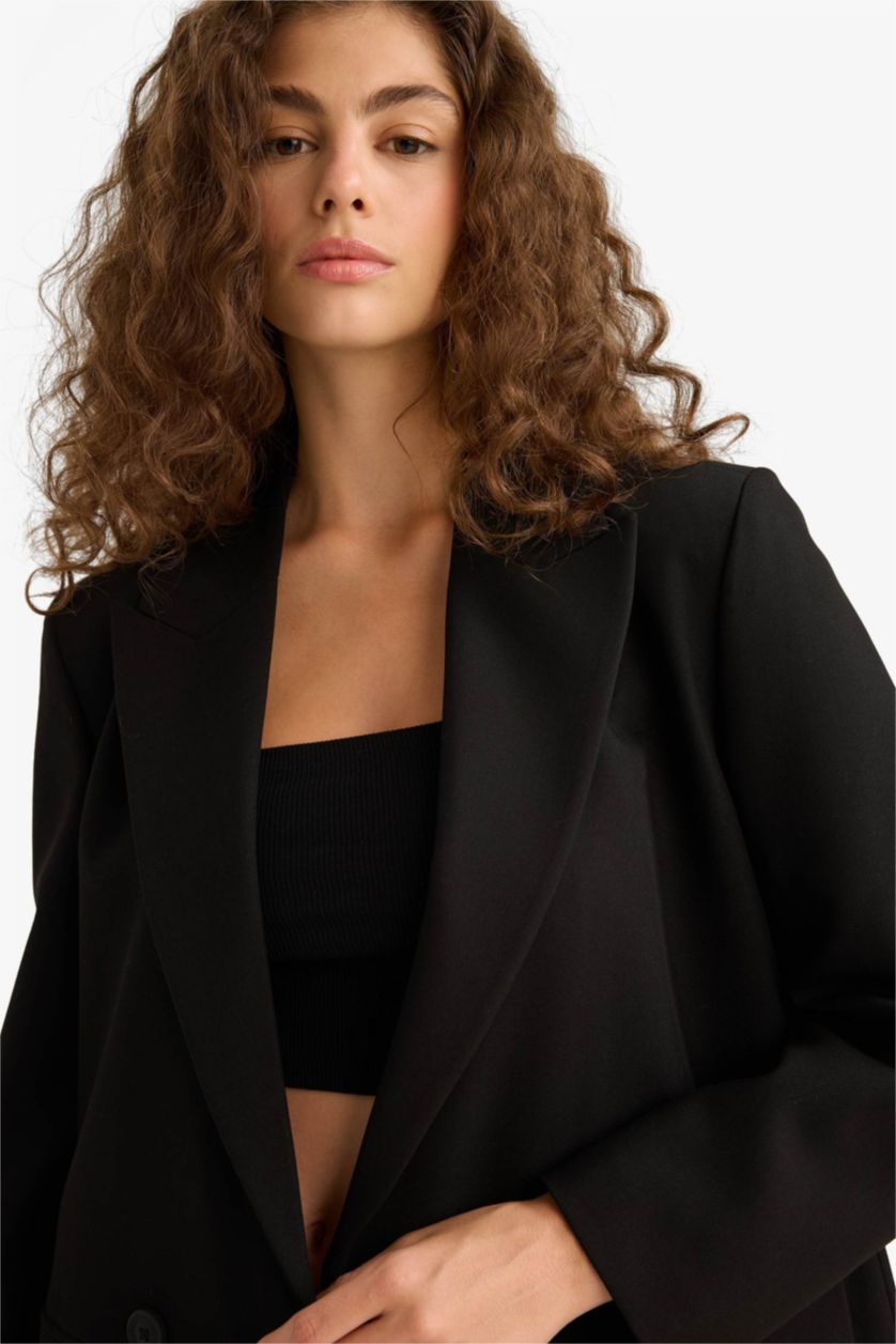 Женщины Черный Прямой покрой, двубортный пиджак с карманами