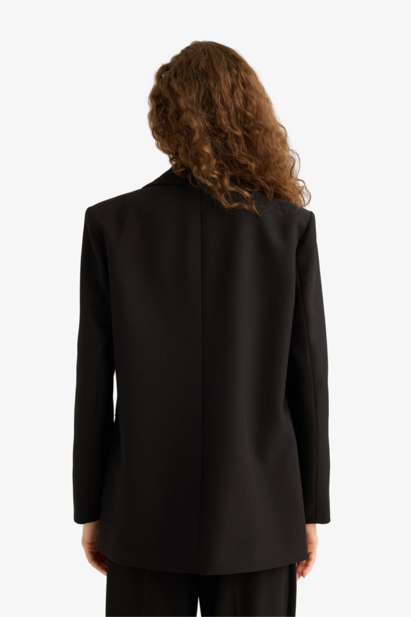 Женщины Черный Прямой покрой, двубортный пиджак с карманами