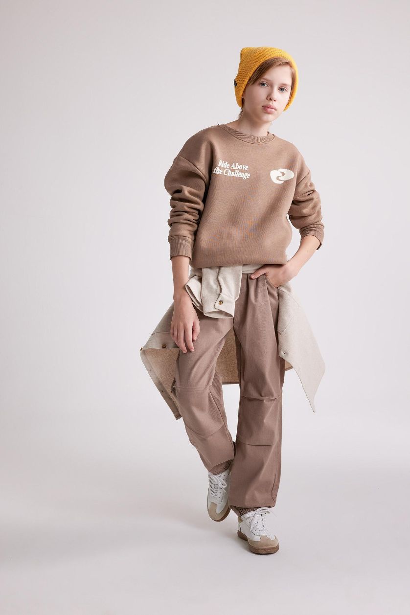 Erkek Çocuk - Genç Erkek Vizon Bağcıklı Beli ve Paçası Lastikli Cepli Jogger Gabardin Pantolon Erkek Çocuk