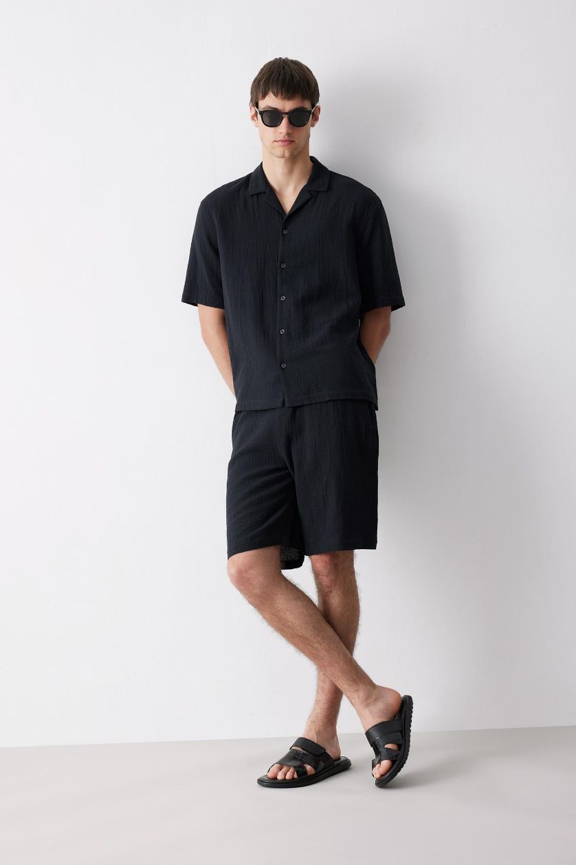 MAN Black Cotton Relax Fit Cotton Summer Muslin Shirt