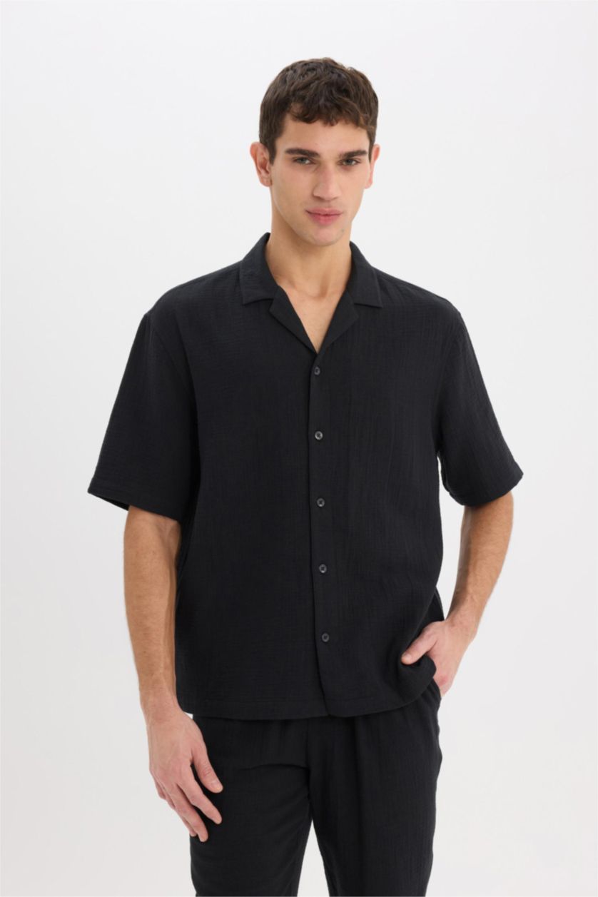 MAN Black Cotton Relax Fit Cotton Summer Muslin Shirt