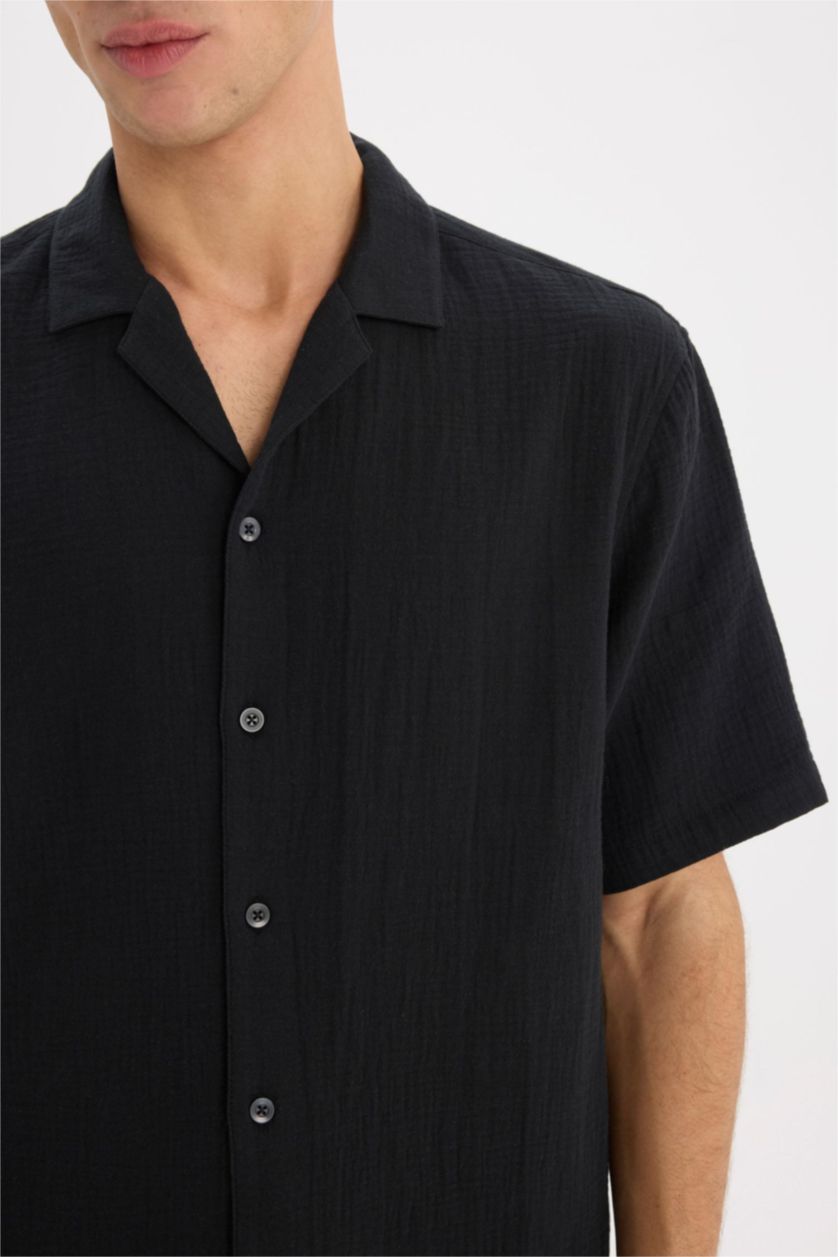 MAN Black Cotton Relax Fit Cotton Summer Muslin Shirt