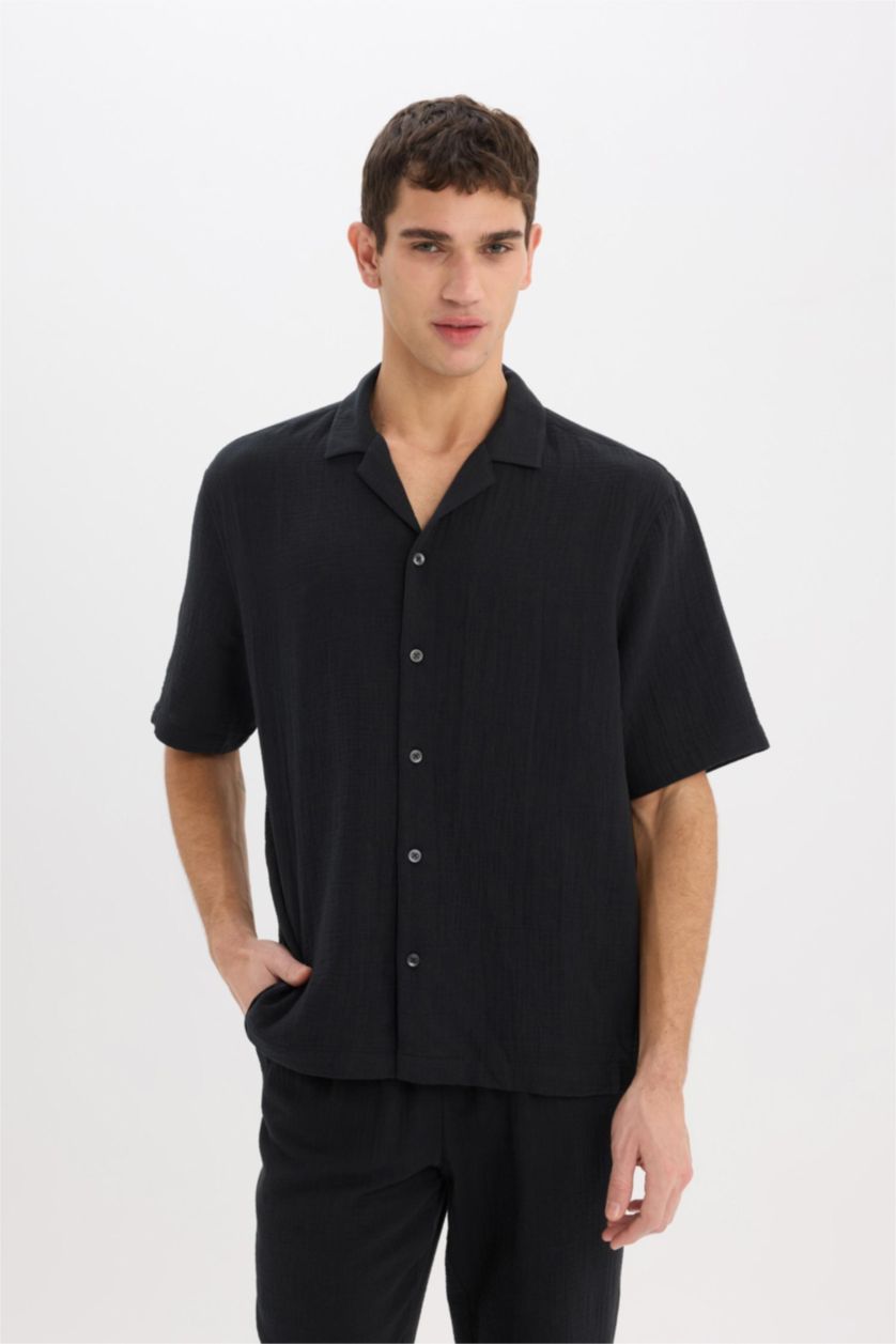 MAN Black Cotton Relax Fit Cotton Summer Muslin Shirt