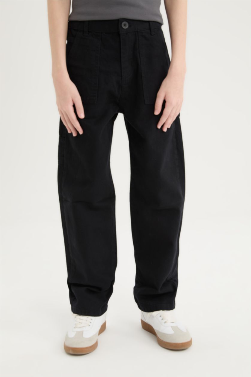BOYS & TEENS Black Boy Loose Fit Basic Gabardine Black Cargo Pants