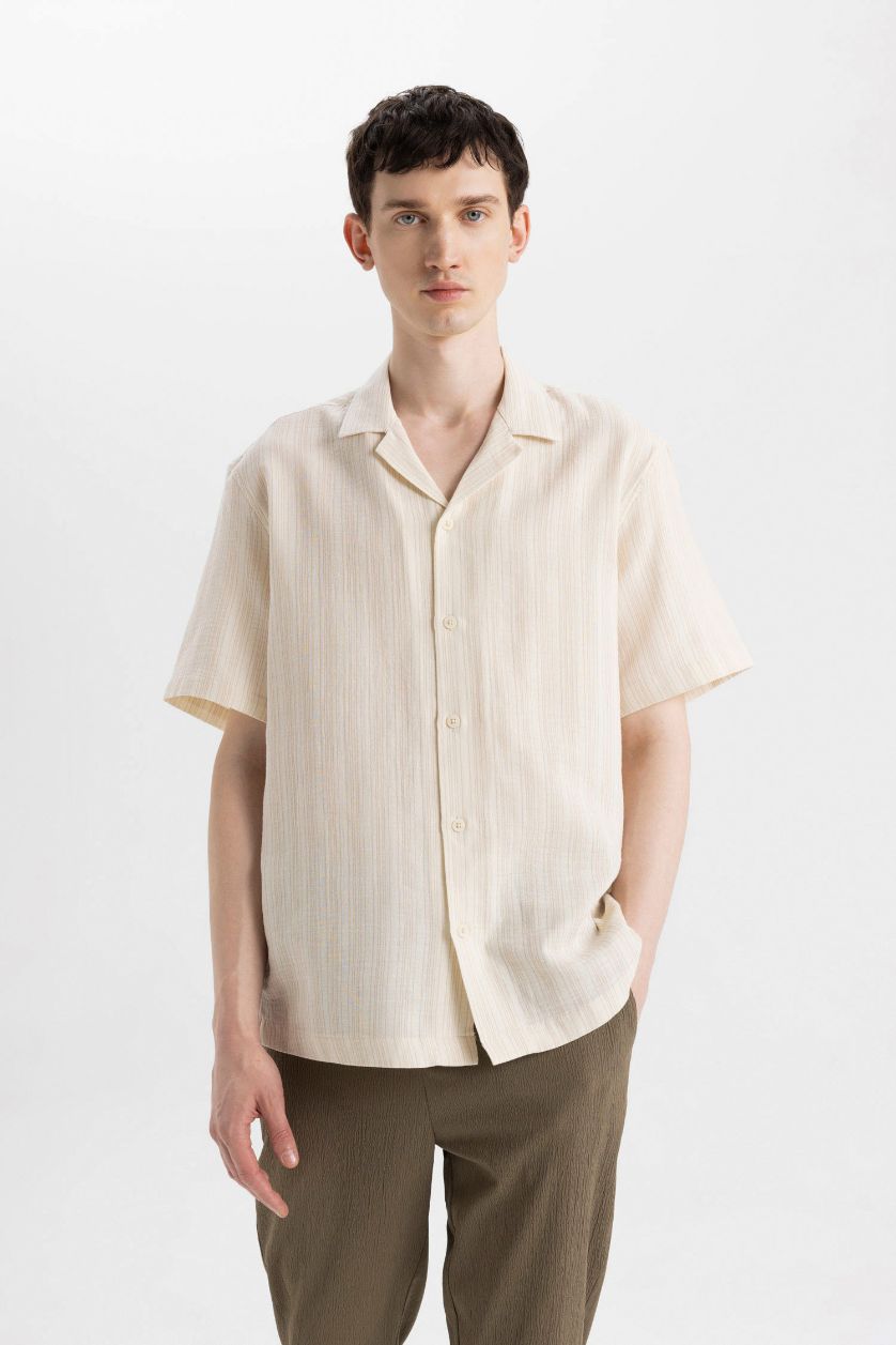 Erkek Ekru Relax Fit Ceket Yaka Yazlık Müslin Kısa Kollu Gömlek
