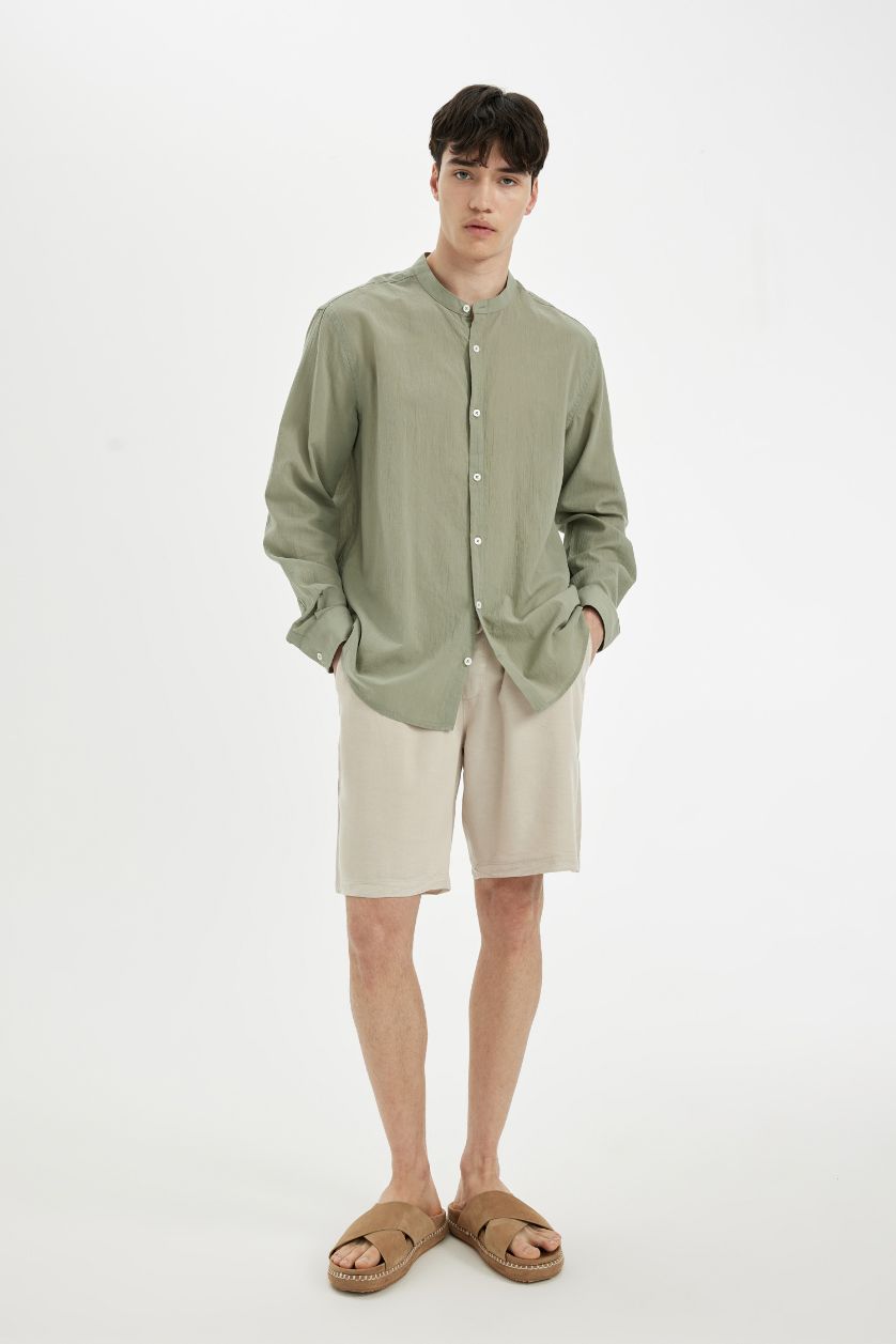 Erkek Yeşil %100 Pamuk Regular Fit Hakim Yaka Basic Düz Uzun Kollu Krinkıl Kumaş Gömlek