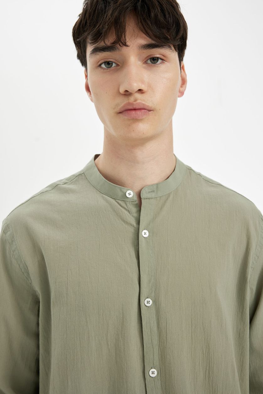 Erkek Yeşil %100 Pamuk Regular Fit Hakim Yaka Basic Düz Uzun Kollu Krinkıl Kumaş Gömlek