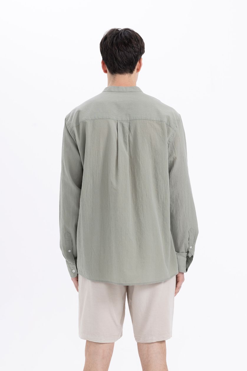 Erkek Yeşil %100 Pamuk Regular Fit Hakim Yaka Basic Düz Uzun Kollu Krinkıl Kumaş Gömlek