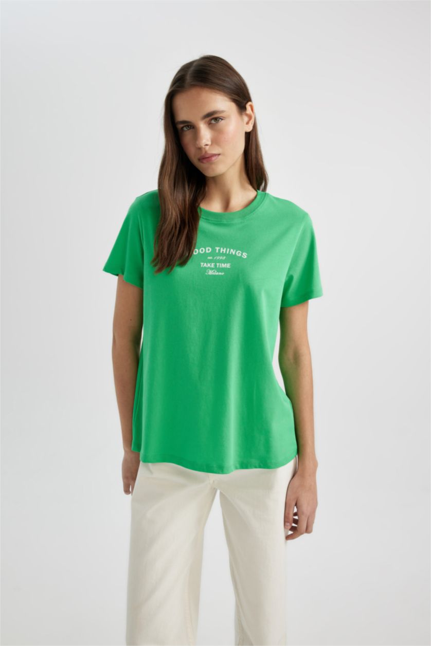 نساء أخضر فاتح تيشيرت نص كم قصة عادية برقبة مستديرة