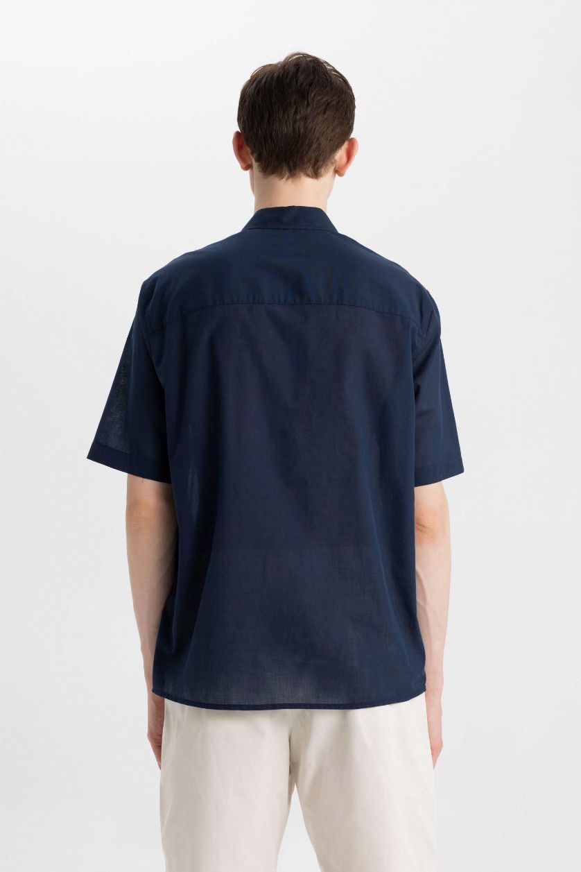 Erkek Lacivert %100 Pamuk Relax Fit Yazlık Polo Yaka Kısa Kollu Gömlek