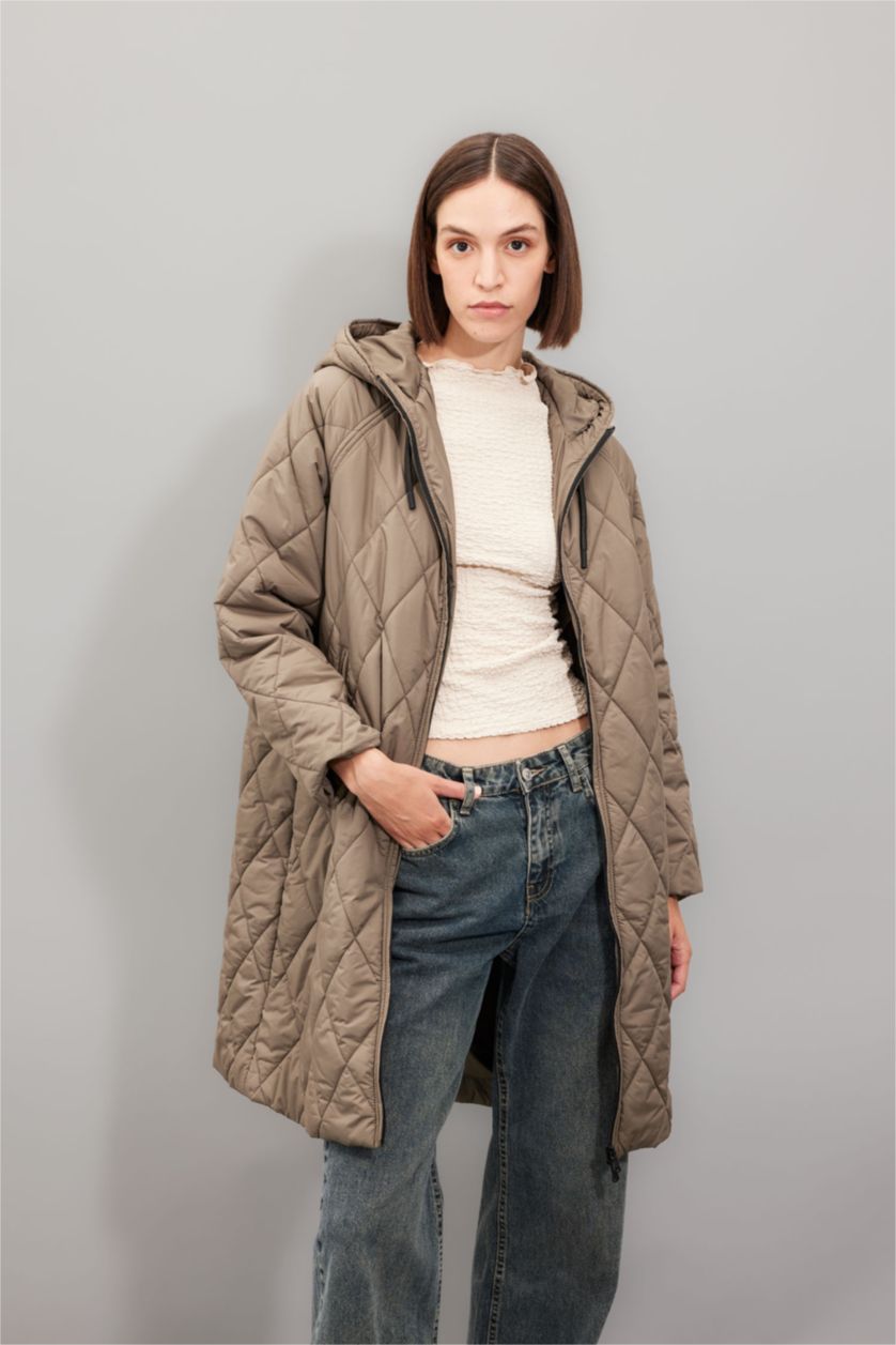 WOMAN Khaki Oversize Fit Hooded Zippered Long Quilted Thin Jacket