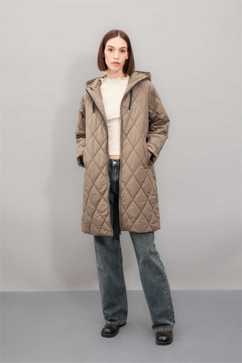WOMAN Khaki Oversize Fit Hooded Zippered Long Quilted Thin Jacket