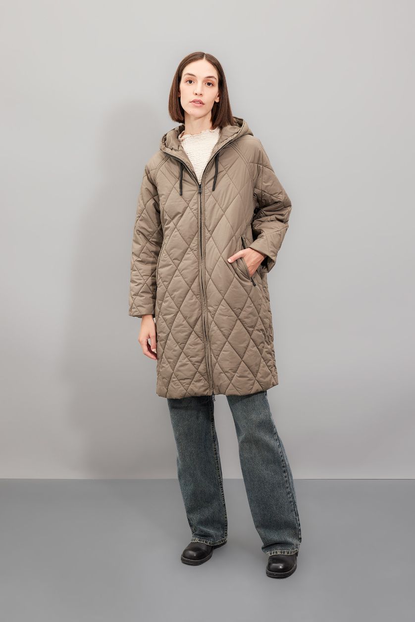WOMAN Khaki Oversize Fit Hooded Zippered Long Quilted Thin Jacket