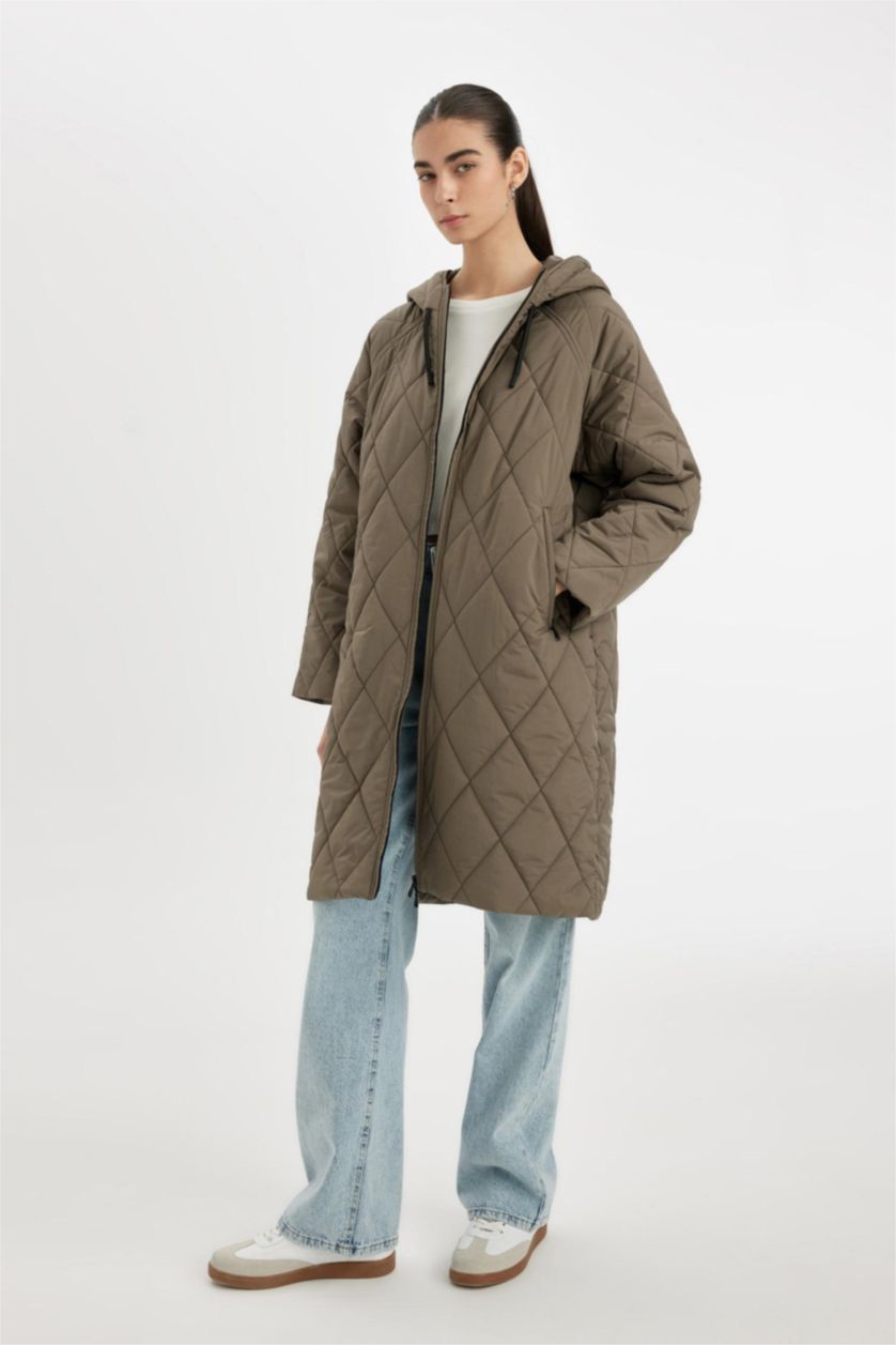 WOMAN Khaki Oversize Fit Hooded Zippered Long Quilted Thin Jacket