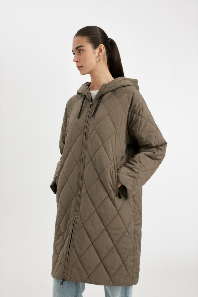 WOMAN Khaki Oversize Fit Hooded Zippered Long Quilted Thin Jacket