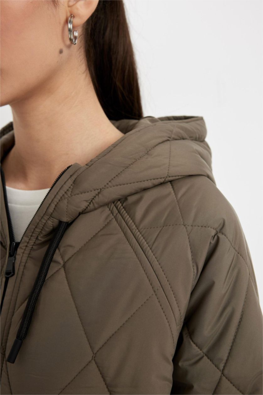 WOMAN Khaki Oversize Fit Hooded Zippered Long Quilted Thin Jacket