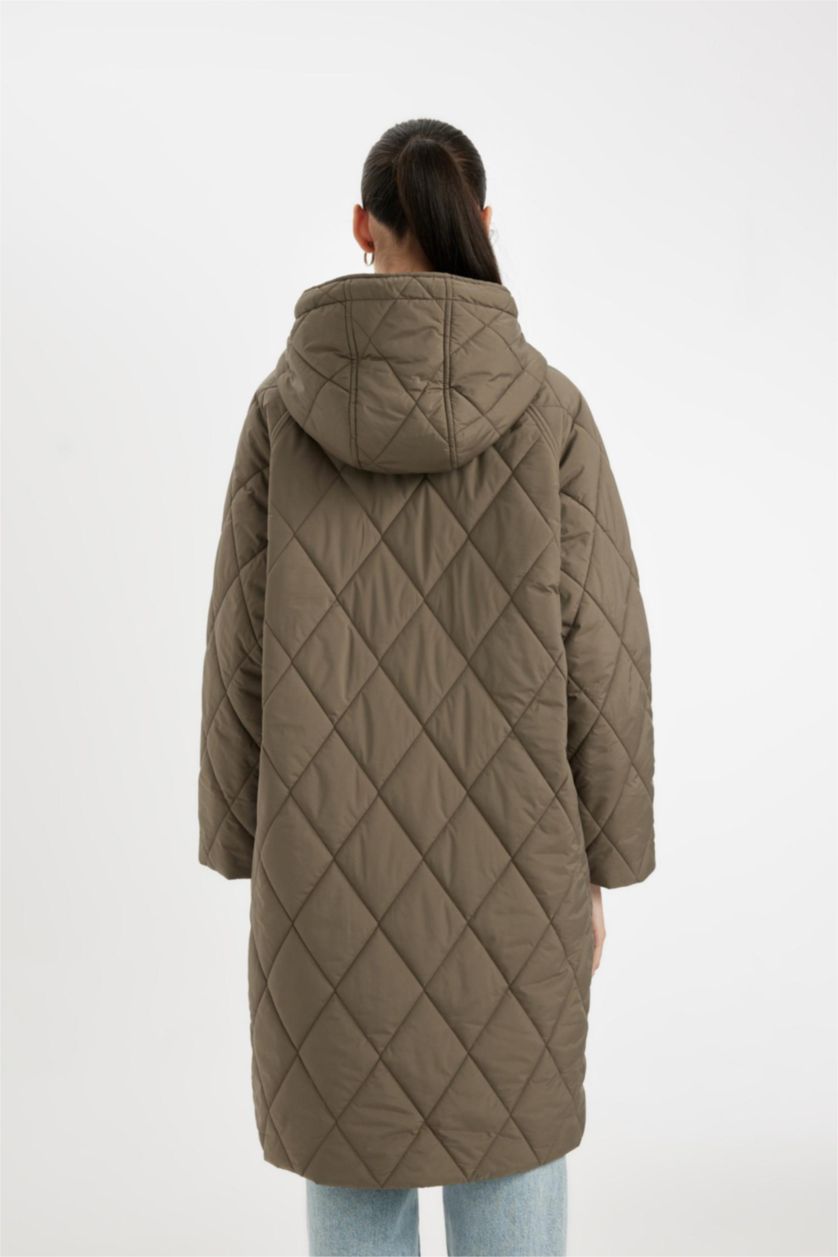 WOMAN Khaki Oversize Fit Hooded Zippered Long Quilted Thin Jacket