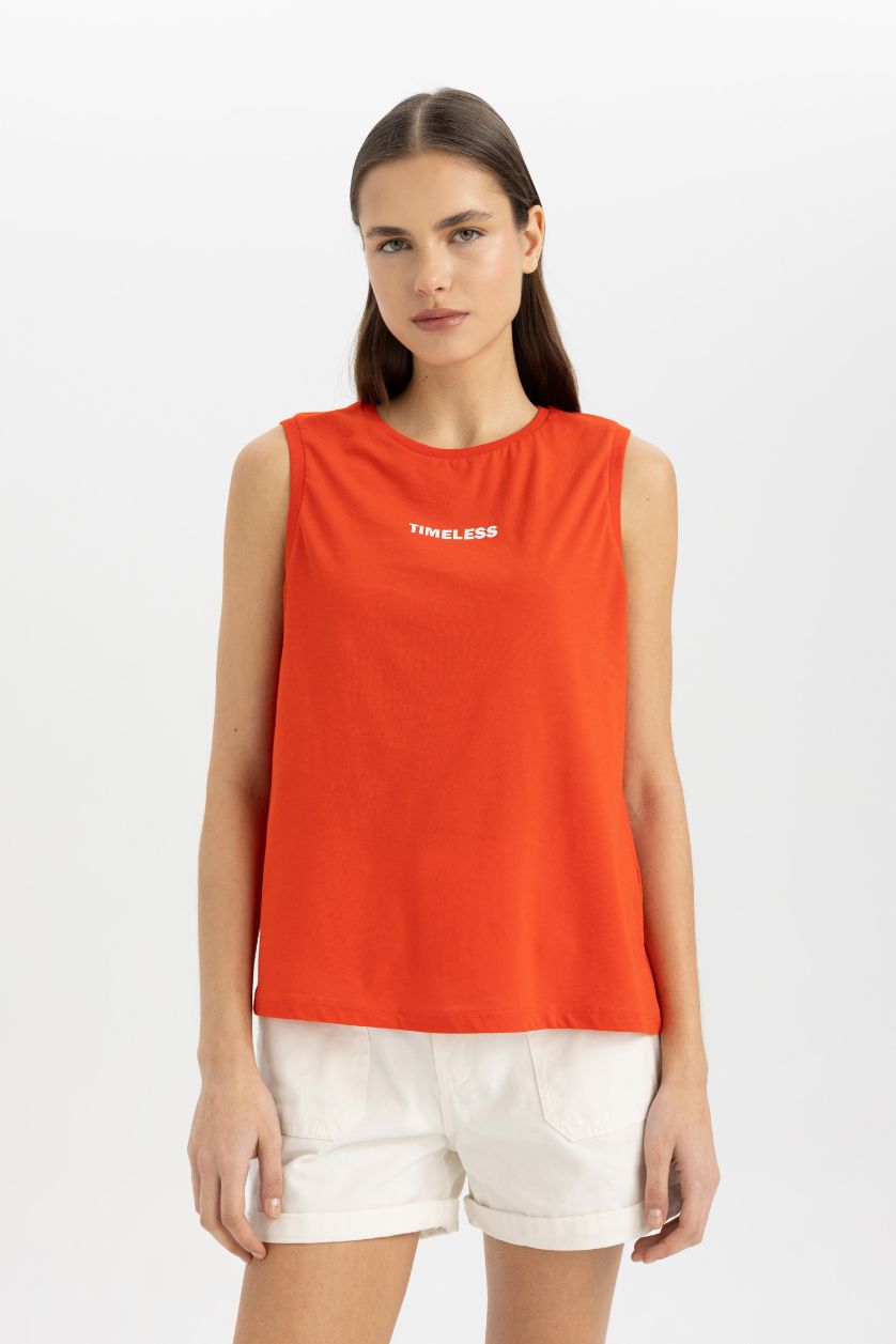 WOMAN Red Regular Fit Printed Cotton Tank Top