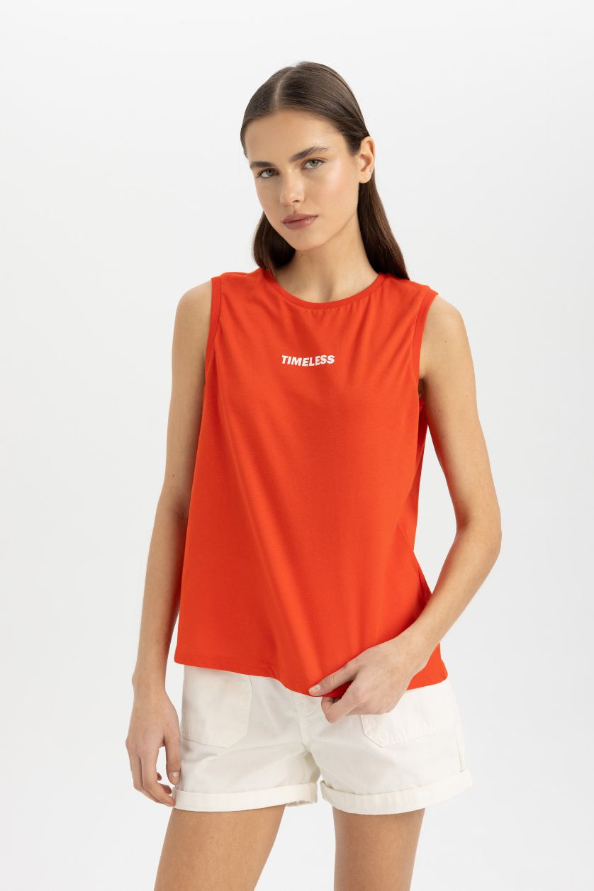 WOMAN Red Regular Fit Printed Cotton Tank Top