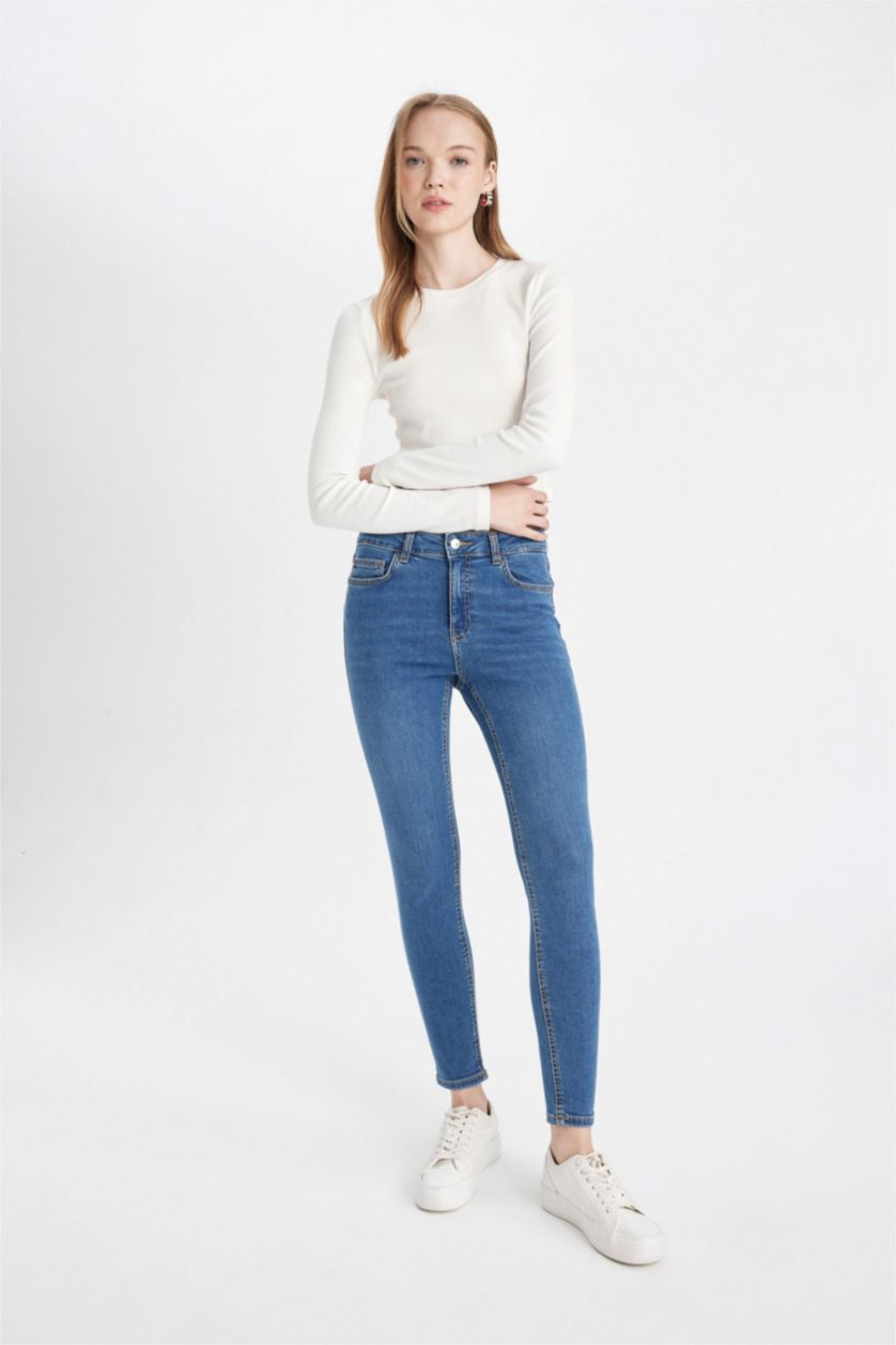 WOMAN Blue High Waist Skinny Fit Trousers