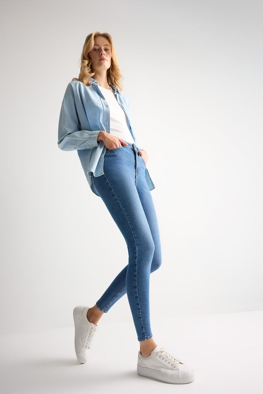 FEMME Bleu Pantalon Jean Skinny à taille haute et longueur de cheville