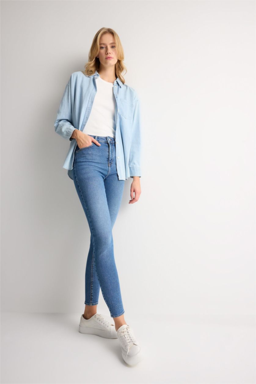 FEMME Bleu Pantalon Jean Skinny à taille haute et longueur de cheville