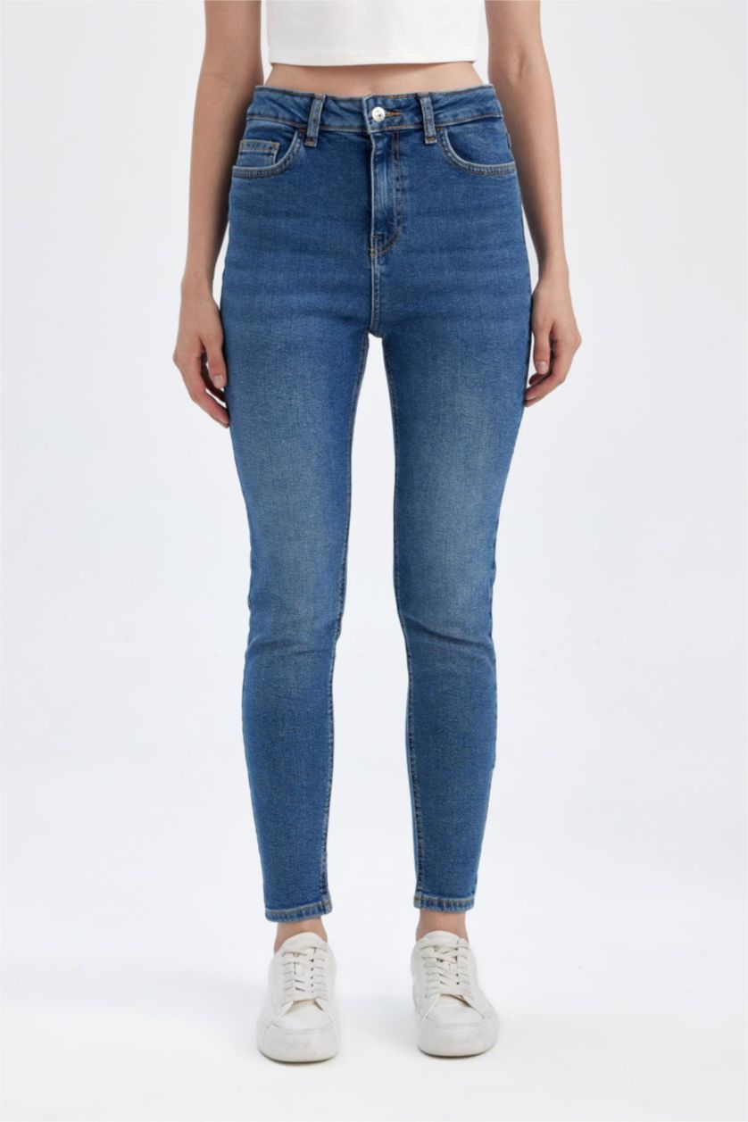 FEMME Bleu Pantalon Jean Skinny à taille haute et longueur de cheville