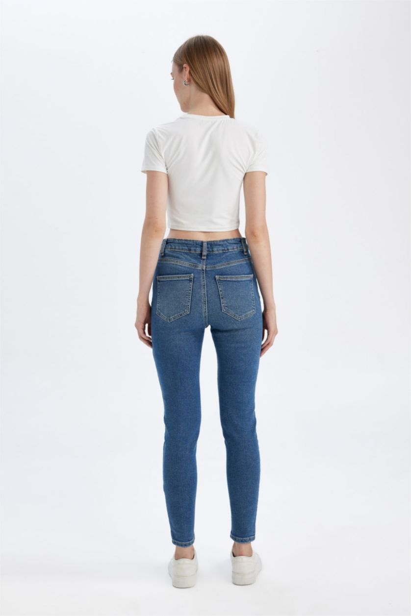 FEMME Bleu Pantalon Jean Skinny à taille haute et longueur de cheville