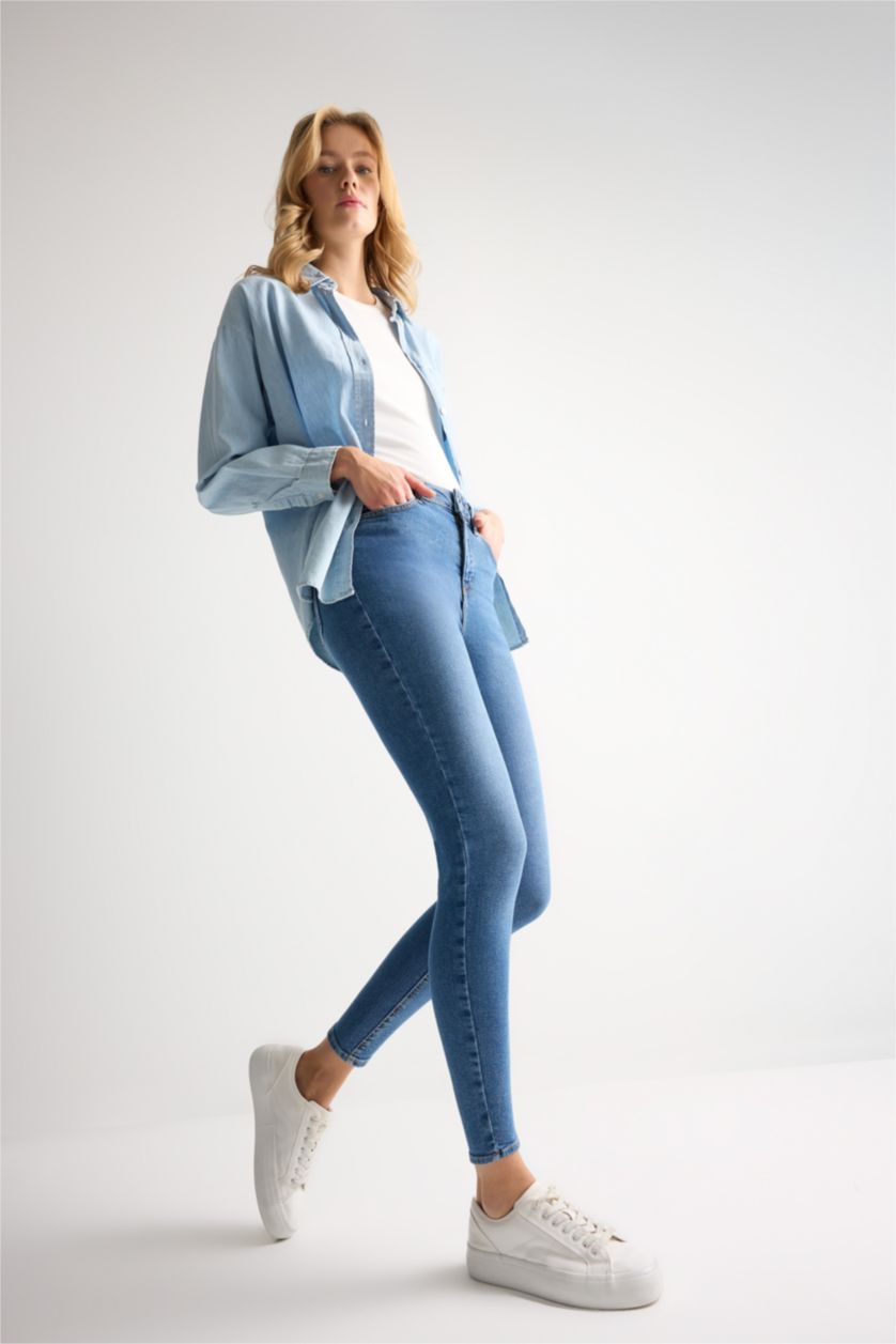 FEMME Bleu Pantalon Jean Skinny à taille haute et longueur de cheville
