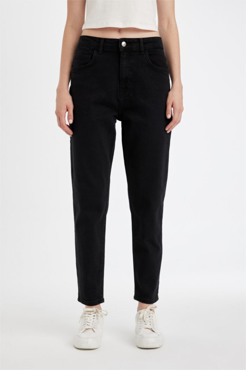 نساء أسود سروال جينز لينا موم فيت بخصر عالي ورجل ضيق