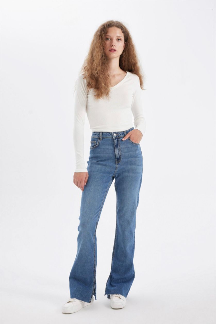WOMAN Blue Slim Flare Normal Waist Slit Washed Jeans
