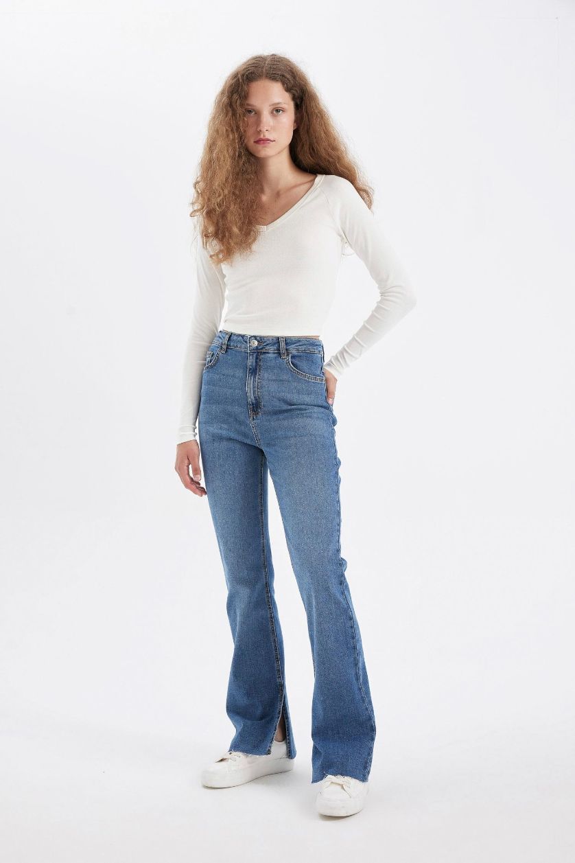 WOMAN Blue Slim Flare Normal Waist Slit Washed Jeans