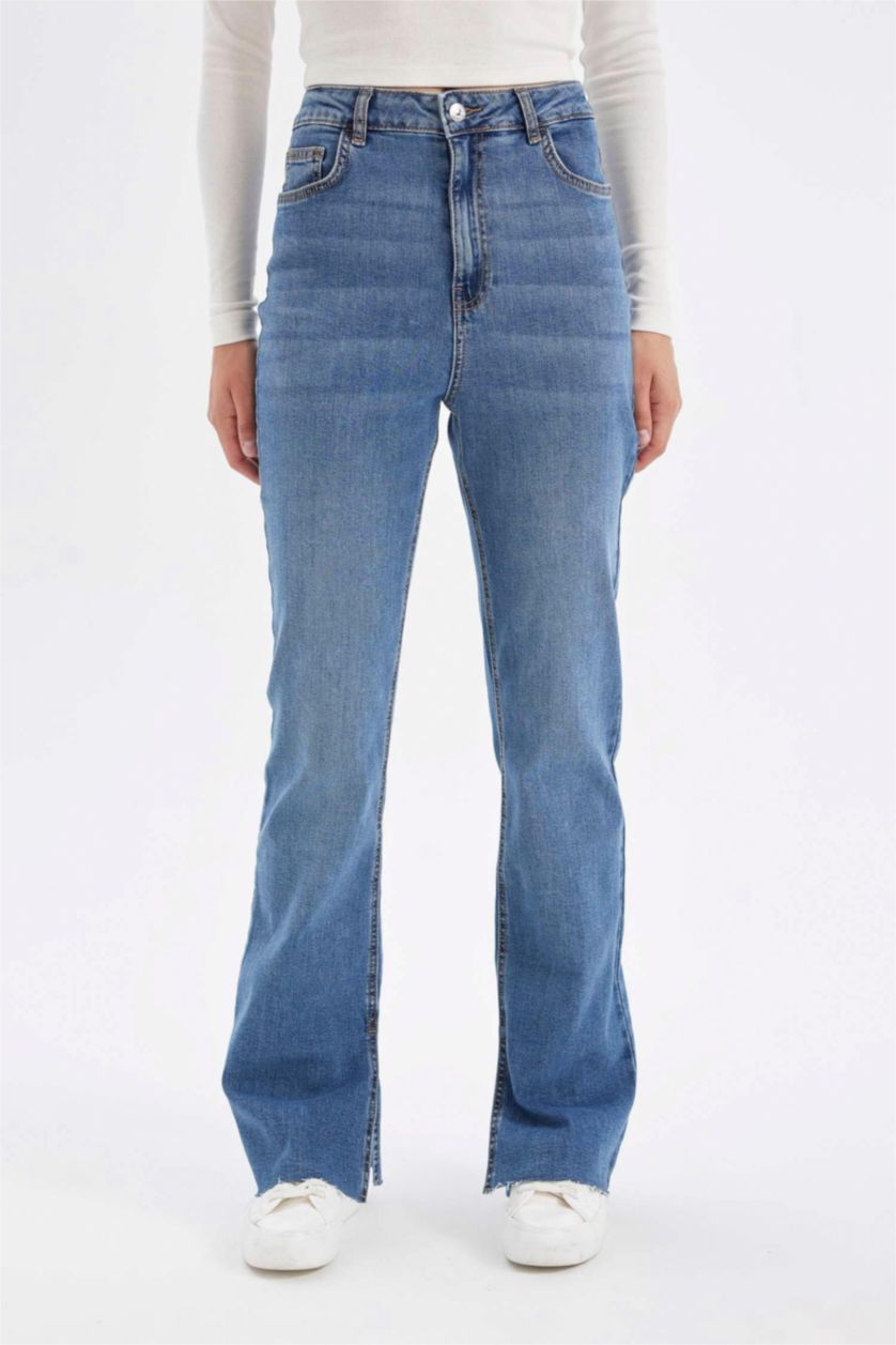 WOMAN Blue Slim Flare Normal Waist Slit Washed Jeans
