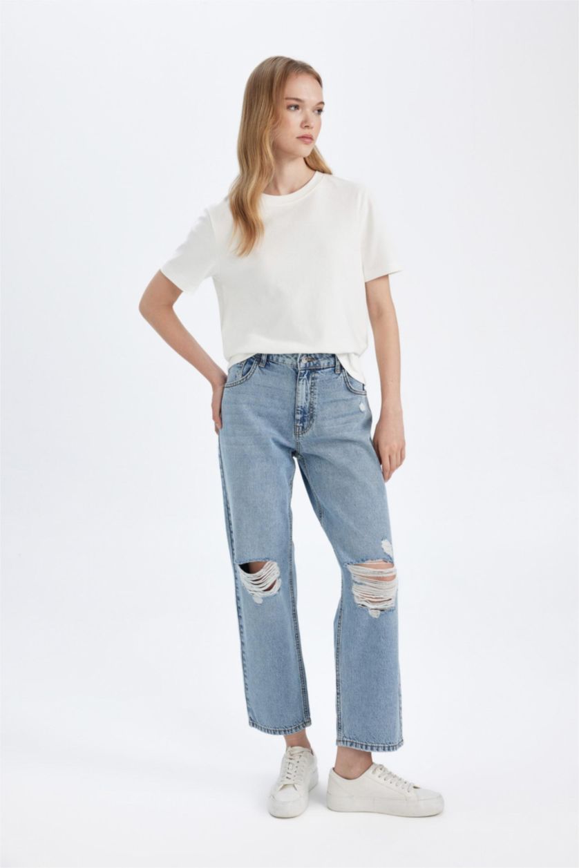 WOMAN Light Blue Boyfriend Ripped Detailed Normal Waist Washed Jeans