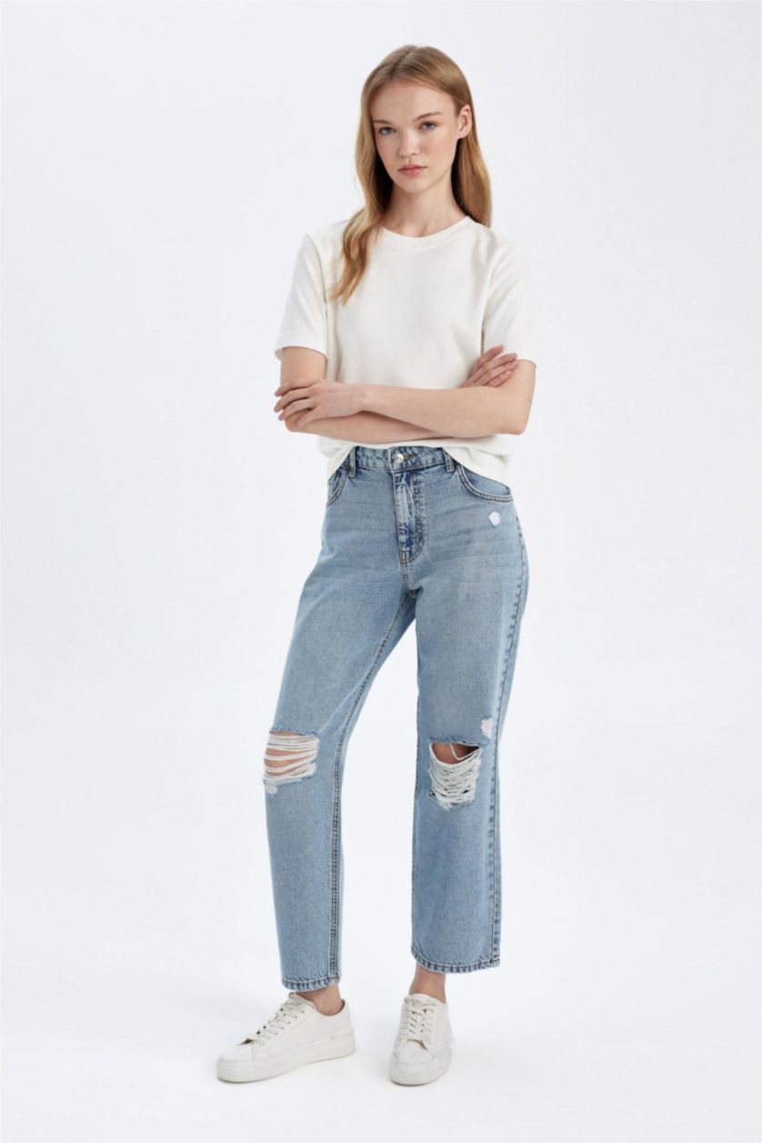 WOMAN Light Blue Boyfriend Ripped Detailed Normal Waist Washed Jeans
