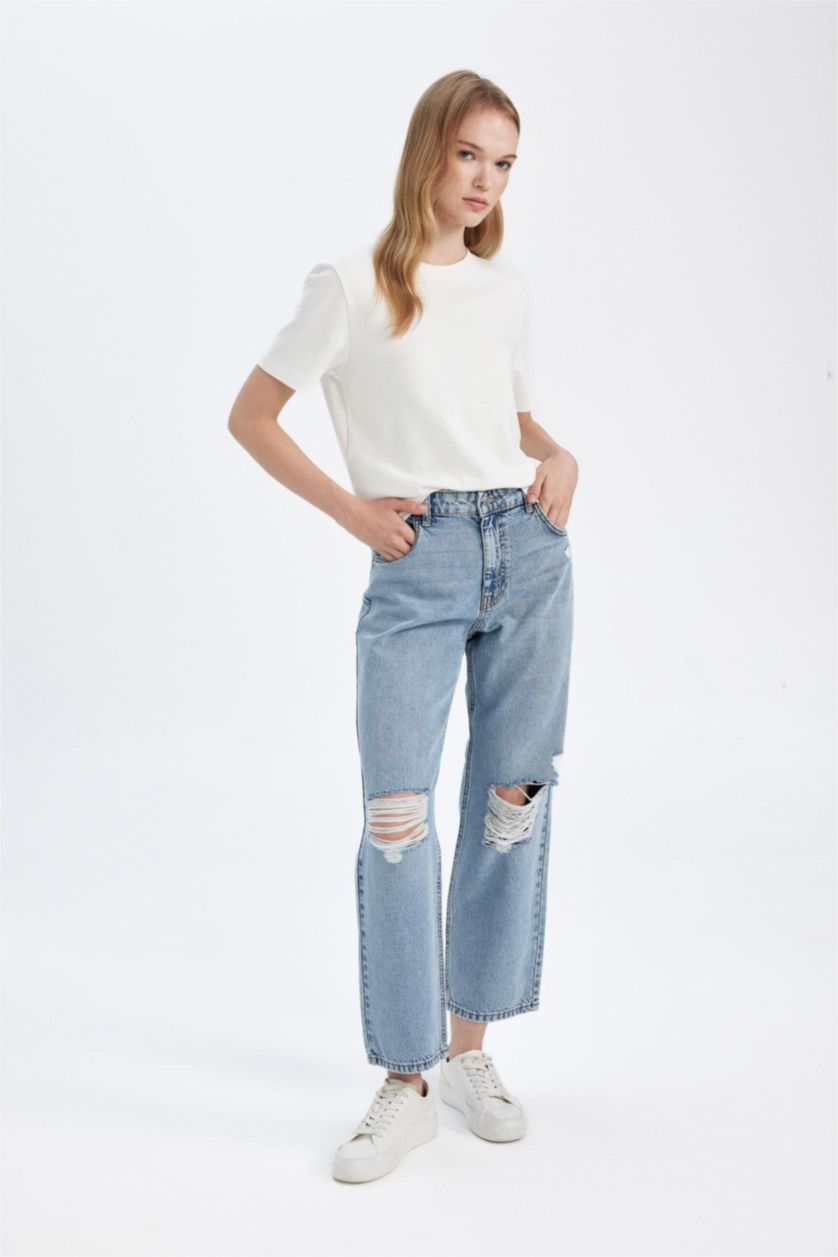 WOMAN Light Blue Boyfriend Ripped Detailed Normal Waist Washed Jeans