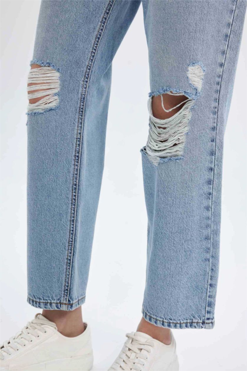 WOMAN Light Blue Boyfriend Ripped Detailed Normal Waist Washed Jeans