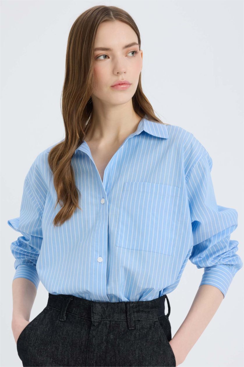 WOMAN Blue Oversize Fit Shirt Collar Poplin Striped Long Sleeve Shirt